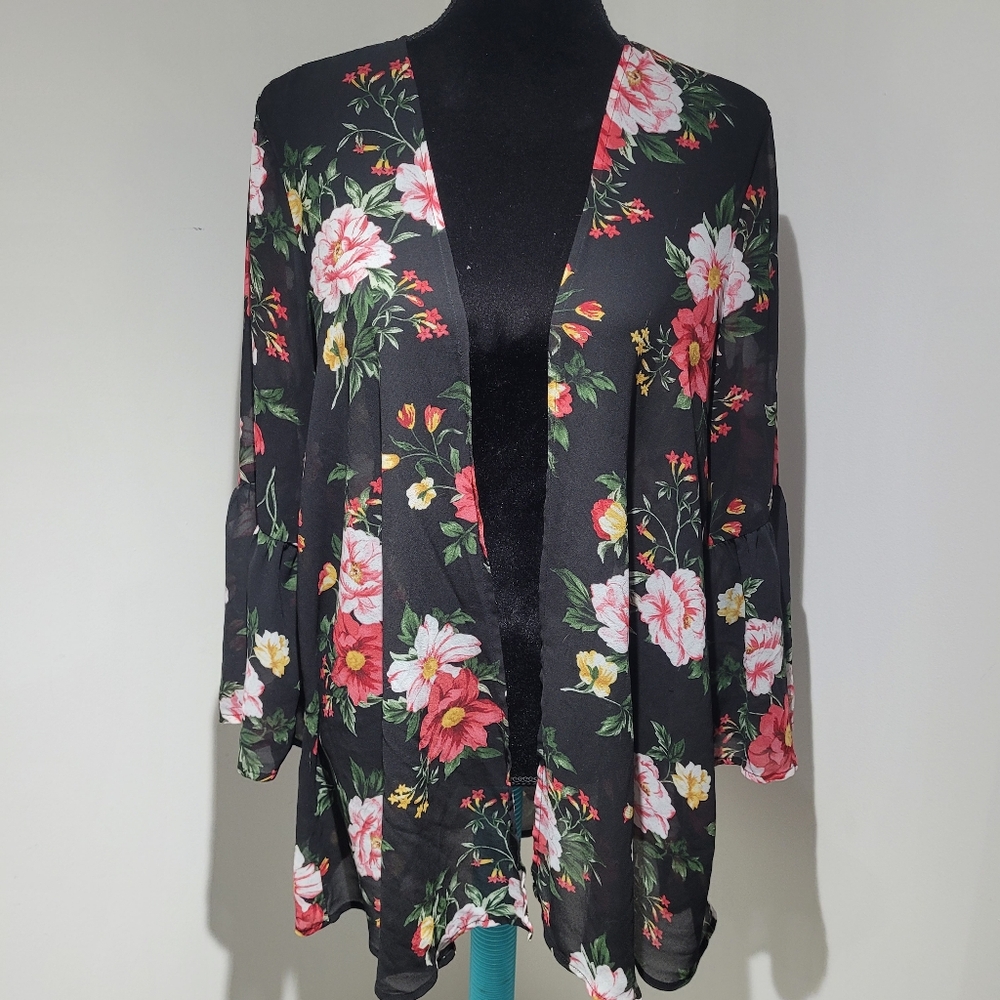 Torrid Womens Black Floral Chiffon Bell Sleeve Open Front Sheer Kimono 0/00 Boho